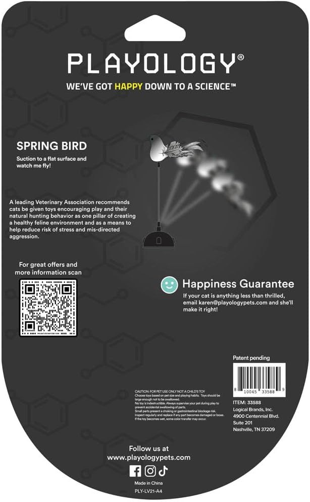 Playology Cat Toy Suction Cup Spring Bird | Interactive Toy with Lifelike Feather Bird | Secure Suction Cup with Unpredictable Movement | Perfect for Active Indoor Cats