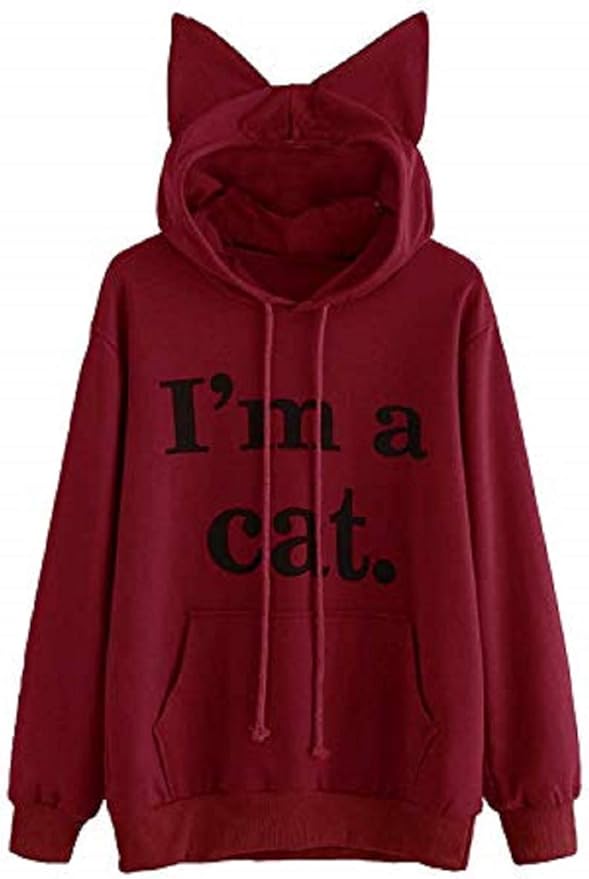 Women Girl Hoodies Cute Cat Ear Novelty Printed Pullover Sweatshirt