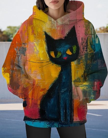 Womens Funny Cat Hoodies Oversized Graphic Hooded Sweatshirt for Women Fall Plus Size Pullover Hoodie Y2K