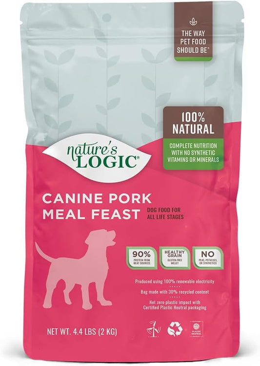 NATURE'S LOGIC Dry Dog Food - 100% Natural - No Synthetics - for All Ages, Sizes, Breeds - Free from Common Allergens, High Protein - Pork Meal Feast, 4.4lbs