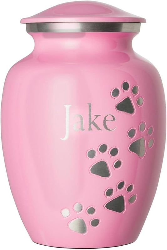 Pet Urn for Dogs and Cats with Personalized Laser Engraving, Ottillie Paws Premier Series Memorial Urns (Small Ardent Pink with Vertical Pewter Paws)
