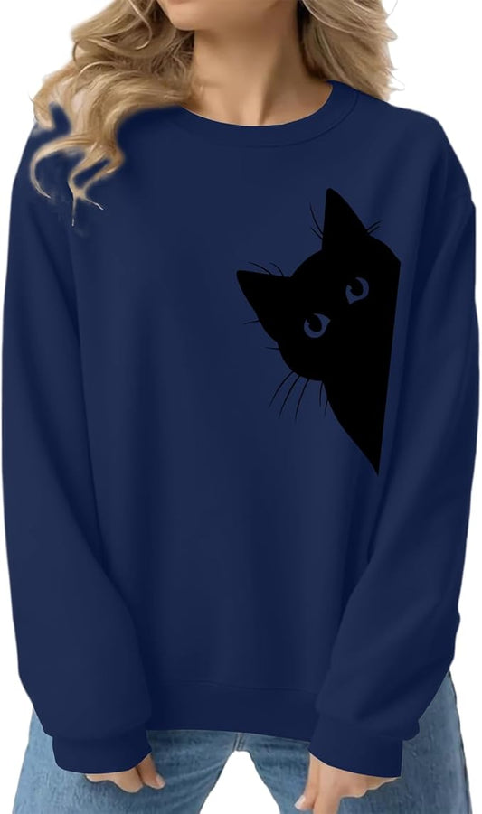 Cat Sweatshirts for Women Graphic Print Sweatshirt Funny Long Sleeve Shirt Cute Pullover Lightweight Hoodie Tops
