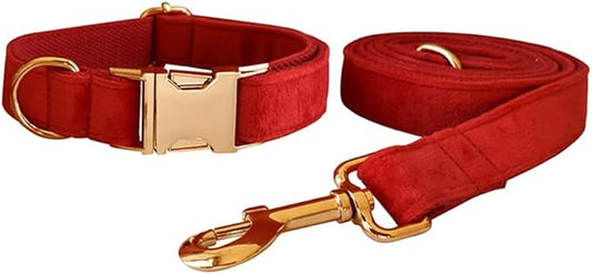Love Dream Velvet Dog Collar and Leash Set, Soft & Comfy Adjustable Dog Leash and Collar with Heavy Duty Metal Buckle for Small Medium Large Dogs Training & Walking (XLarge, Red)