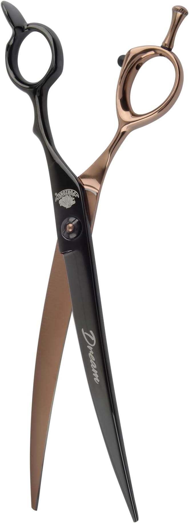 Furzone 7.5” DREAM Curved Shear Pet Dog Grooming Scissors, Patent Grip Design, Easy Adjust, Japanese 440C Tempered Steel, Lightweight, Professional Dog Scissors For Dog Grooming (Serrated)