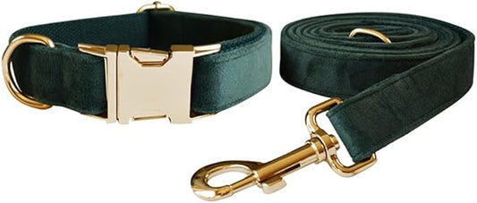 Love Dream Velvet Dog Collar and Leash Set, Soft & Comfy Adjustable Dog Leash and Collar with Heavy Duty Metal Buckle for Small Medium Large Dogs Training & Walking (Small, Green)