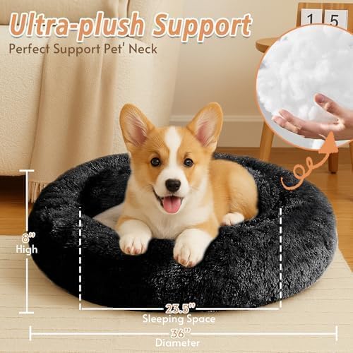 JOLLYVOGUE Small Dog & Cat Beds for Indoor Cats, Donut Cuddler Warming Soft Dog Beds with Anti-Slip Bottom, Round Calming Fluffy Plush Faux Fur Cushion Bed for Large Dogs (36", Black)