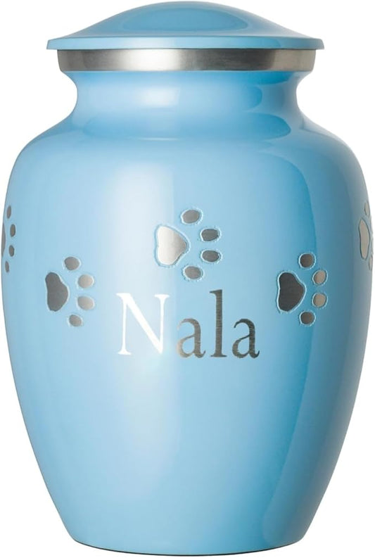Pet Urn for Dogs and Cats with Personalized Laser Engraving, Ottillie Paws Premier Series Memorial Urns (Medium Baby Blue with Horizontal Pewter Paws)