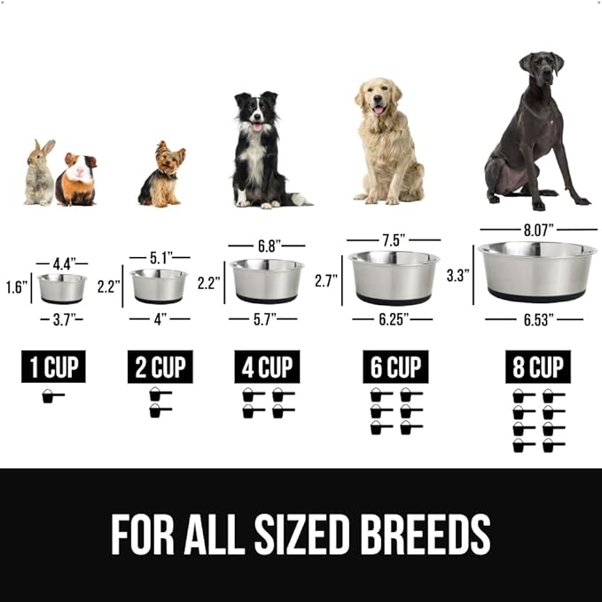 GORILLA GRIP Set of 2 Dog Bowls, Holds 6 Cups (48 fl oz), Heavy Duty Metal Food and Water Bowl for Feeding Dogs and Cats, Dishwasher Safe, Rust Resistant Stainless Steel, BPA Free Rubber Base, Black