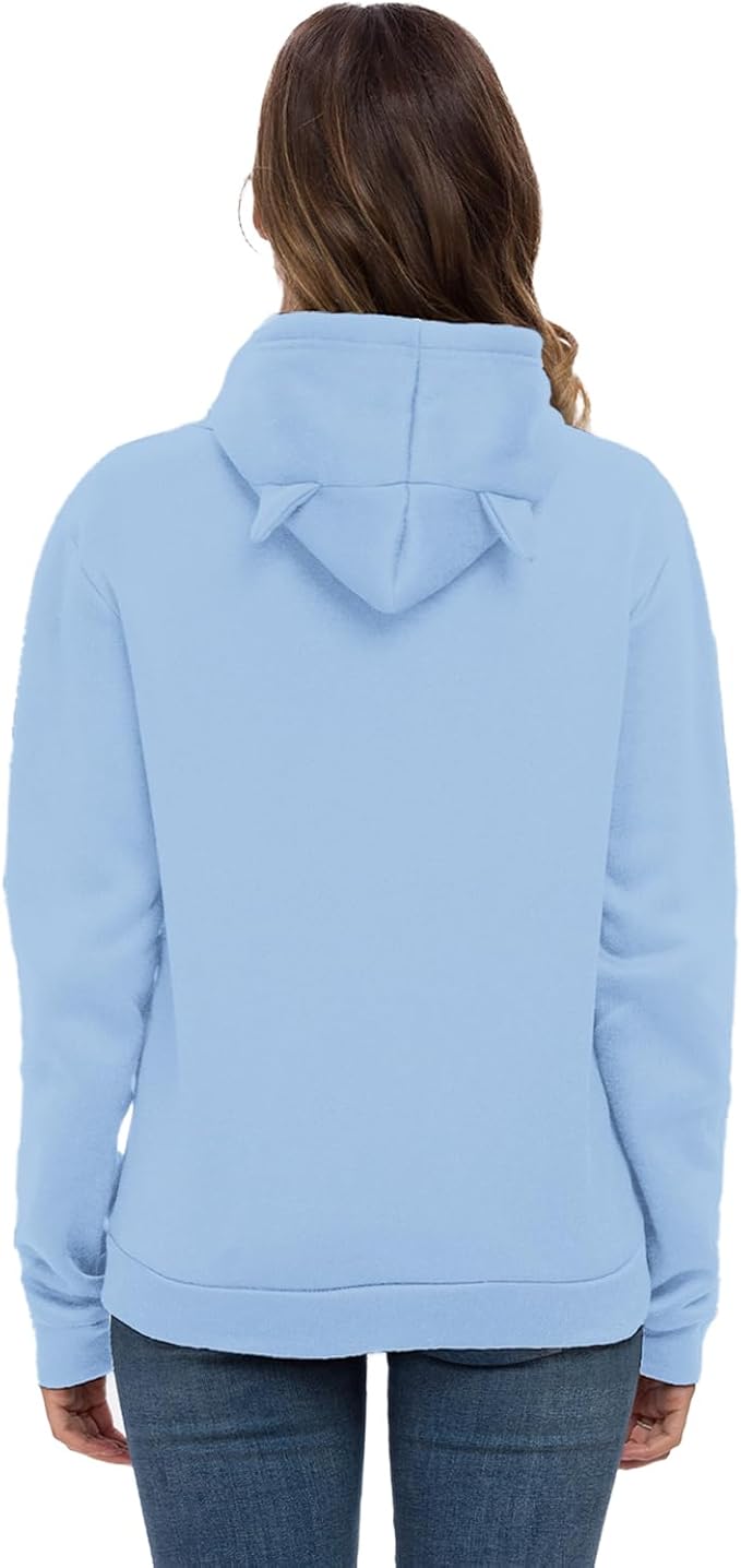Women Teen Girls Hoodie Sweatshirt With Cute Cat Ear and Sleeping Cat Printed Pullover