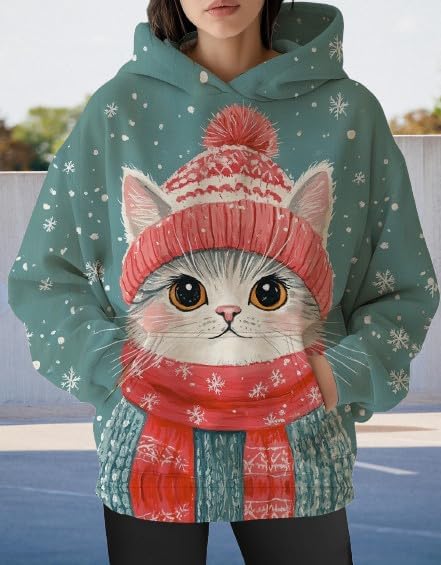 Womens Funny Cat Hoodies Oversized Graphic Hooded Sweatshirt for Women Fall Plus Size Pullover Hoodie Y2K