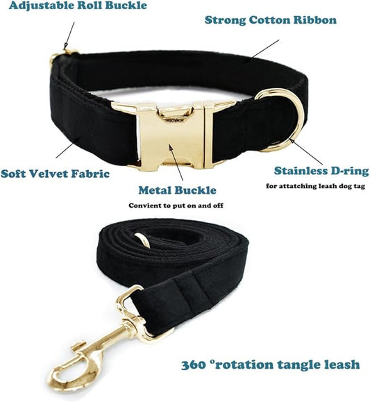 Love Dream Velvet Dog Collar and Leash Set, Soft & Comfy Adjustable Dog Leash and Collar with Heavy Duty Metal Buckle for Small Medium Large Dogs Training & Walking (XLarge, Black)