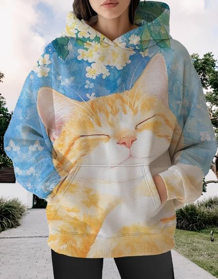Womens Funny Cat Hoodies Oversized Graphic Hooded Sweatshirt for Women Fall Plus Size Pullover Hoodie Y2K