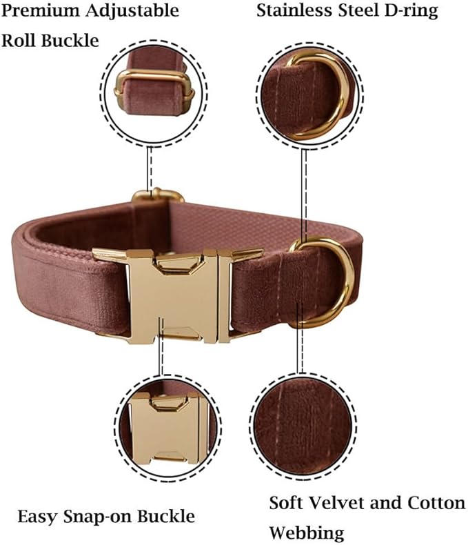 Velvet Dog Collar and Leash Set, Bright & Stylish Leash and Collar Set, Durable Pet Collars with Heavy Duty Quick Release Metal Buckle Adjustable for Samll Medium Large Dogs or Cats