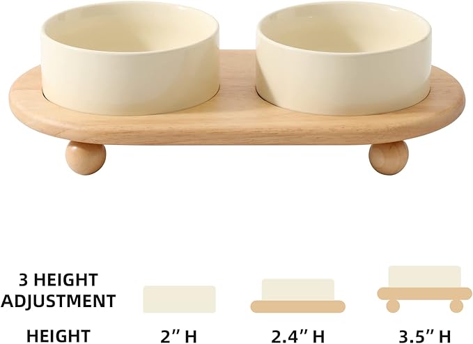 Havniva Ceramic Elevated Cat Food and Water Bowl, Kitty Bowl, Raised Cat Dish, Pet Feeder (5.1 in, 2 x Beige + Stand)