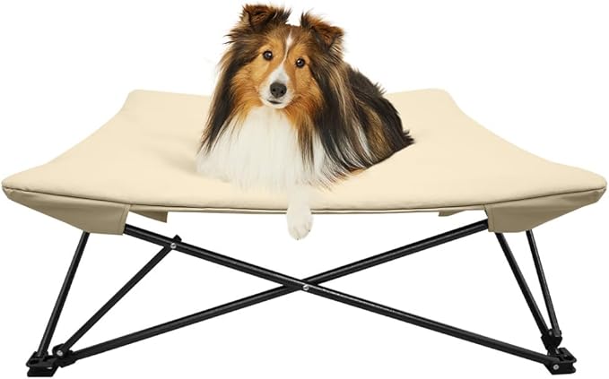 Two Heights in One, Dog Bed Cot for Pet, Waterproof Mesh, Adjustable Height, Indoor/Outdoor (Beige, Large)
