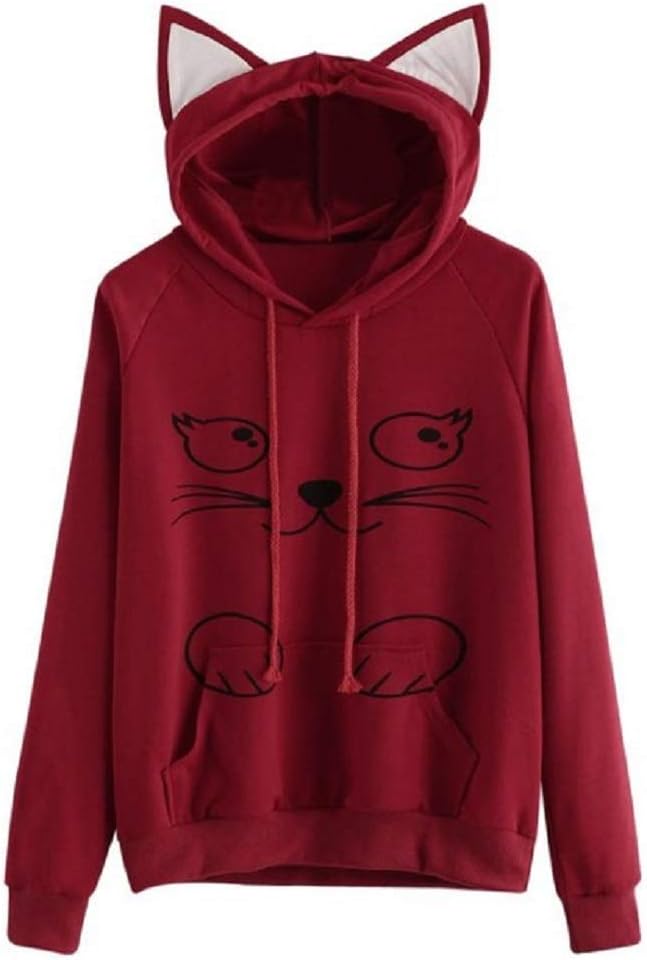 Women Girl Hoodies Cute Cat Ear Novelty Printed Pullover Sweatshirt