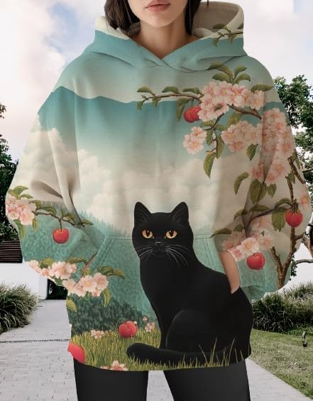 Womens Funny Cat Hoodies Oversized Graphic Hooded Sweatshirt for Women Fall Plus Size Pullover Hoodie Y2K