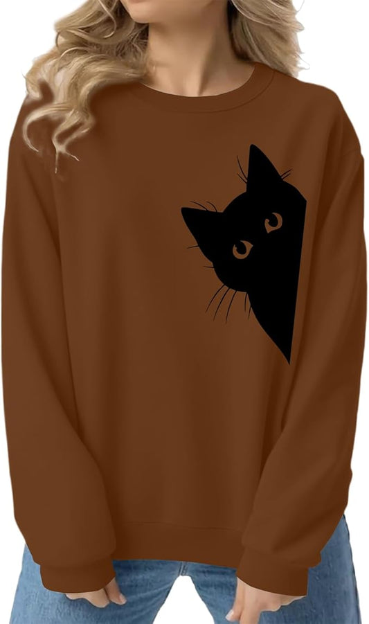 Cat Sweatshirts for Women Graphic Print Sweatshirt Funny Long Sleeve Shirt Cute Pullover Lightweight Hoodie Tops
