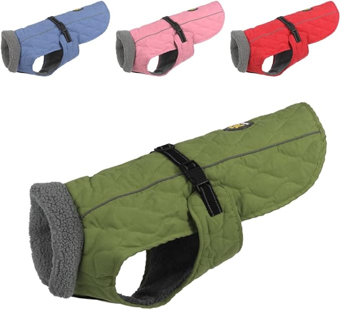 Dog Jackets, Furry Collar Winter Coats for Dogs with Fleece Lining, Water Resistant Reflective Winter Dog Jackets, Adjustable Warm Windproof Pet Coats for Large Dogs, Green L