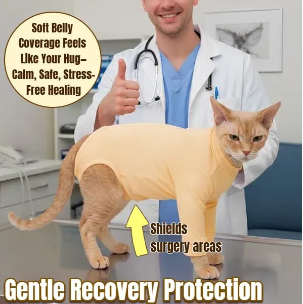 T'CHAQUE Cat Surgery Recovery Suit, Anti-Licking Onesie for Post-Spay/Neuter Abdominal Wound, Cat Recovery Suit with Adjustable Drawstring Collar - Long Sleeve Kitten Surgical Onesie, Orange, S
