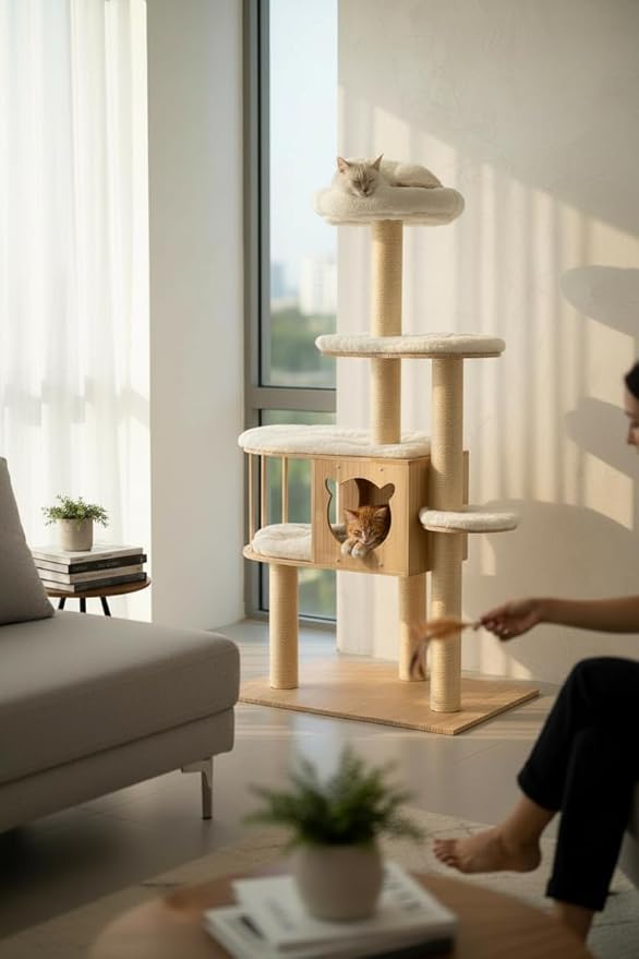Multi-Level Pine Wood Cat Tree Tower for Indoor Large Cats – Solid Cat Condo House with Plush Beds - Sisal Scratching Posts – Sturdy Cat Furniture, 55", White