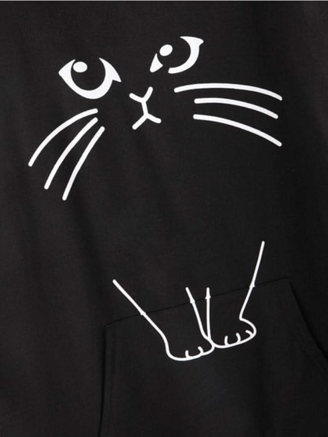 Women Girl Hoodies Cute Cat Ear Novelty Printed Pullover Sweatshirt