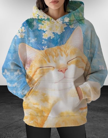 Womens Funny Cat Hoodies Oversized Graphic Hooded Sweatshirt for Women Fall Plus Size Pullover Hoodie Y2K