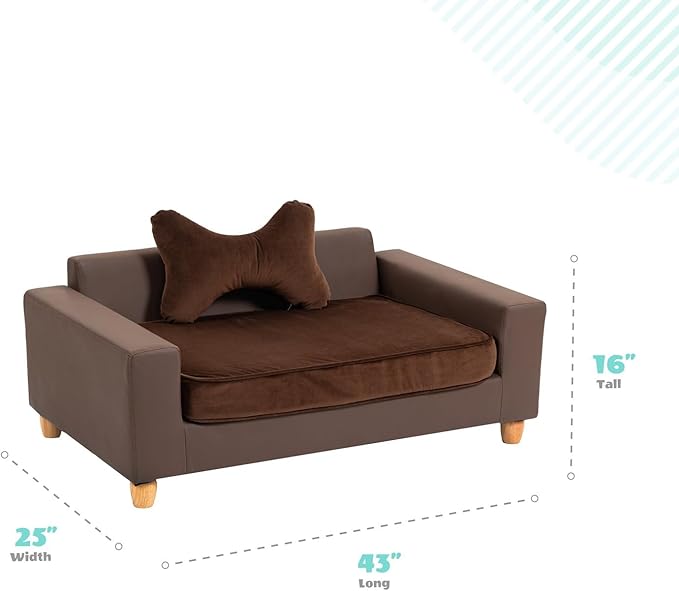 CRITTER SITTERS 43” Faux Leather Ped Bed in Brown, Durable Washable Sofa Couch for Large Cats & Dogs, Must Have Essential Furniture Accessory for Kittens & Puppies