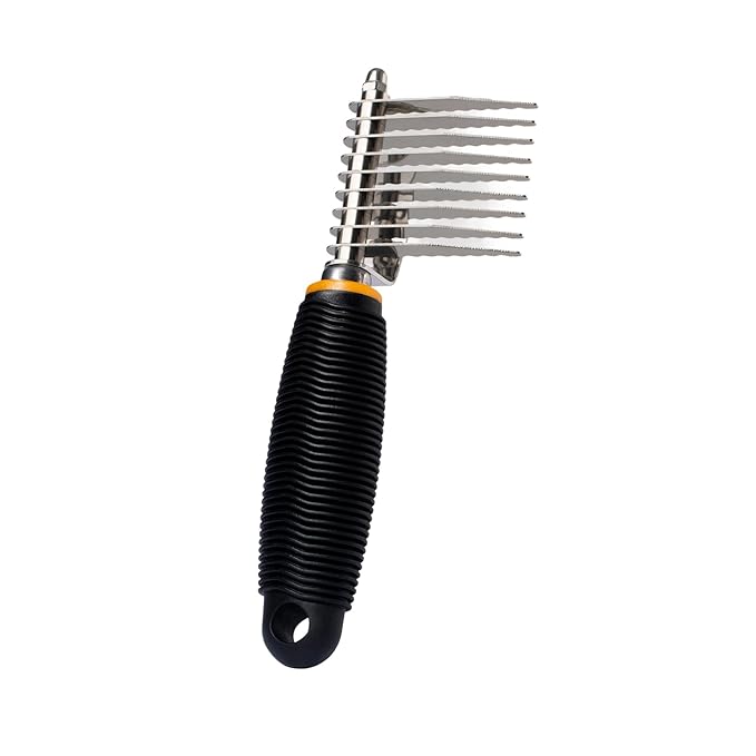 Rake Brush for dogs, Professional Dematting & Deshedding Brush with Long Smooth-Edged Teeth, Wide Spacing for Thick Coats, Comfort Grip Handle, Durable Stainless Steel Frame
