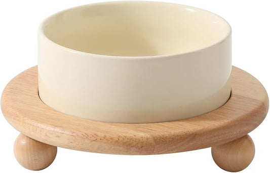 Havniva Ceramic Elevated Cat Food and Water Bowl, Kitty Bowl, Raised Cat Dish, Pet Feeder (5.1 in,1 x Beige + Stand)
