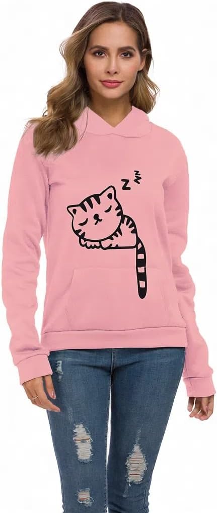 Women Teen Girls Hoodie Sweatshirt With Cute Cat Ear and Sleeping Cat Printed Pullover