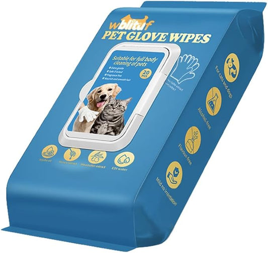 Pet CleaningGlove Wipes for Dogs & Cats, No-Rinse Grooming Wipes, Hypoallergenic Deodorizing Disposable Bathing Wipes,Extra Thick,Perfect for Pet Dry Cleaning,Daily Care and Travel,20 pcs