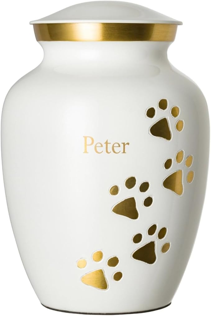 Pet Urn for Dogs and Cats with Personalized Laser Engraving, Ottillie Paws Premier Series Memorial Urns (Medium Cloud White with Vertical Brass Paws)