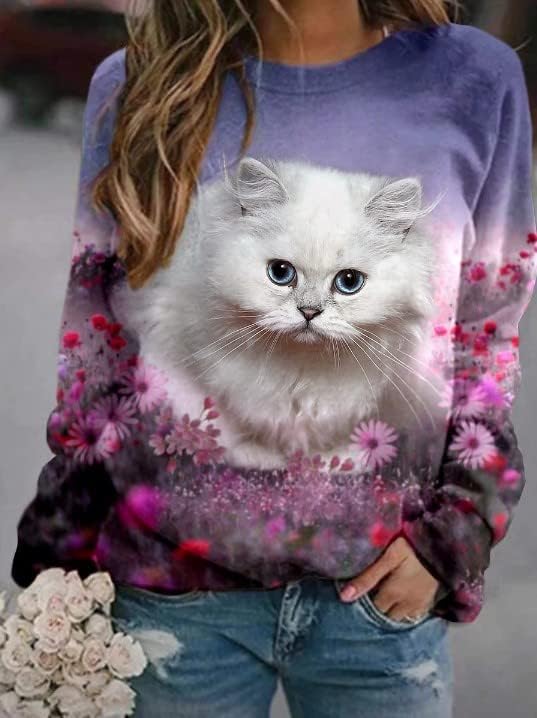 IVERIRMIN Womens 3D Cat Crewneck Sweatshirts Casual Cute Long Sleeve Shirts Pullover Tops Graphic Loose Fit Sweater for Women