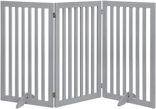 unipaws 36" H Free Standing Pet Gate for Dog Cat, Tall Wooden Dog Gates for Doorway, Stairs, Foldable Pet Fence for The House, Expandable Barrier, Indoor Use, Grey