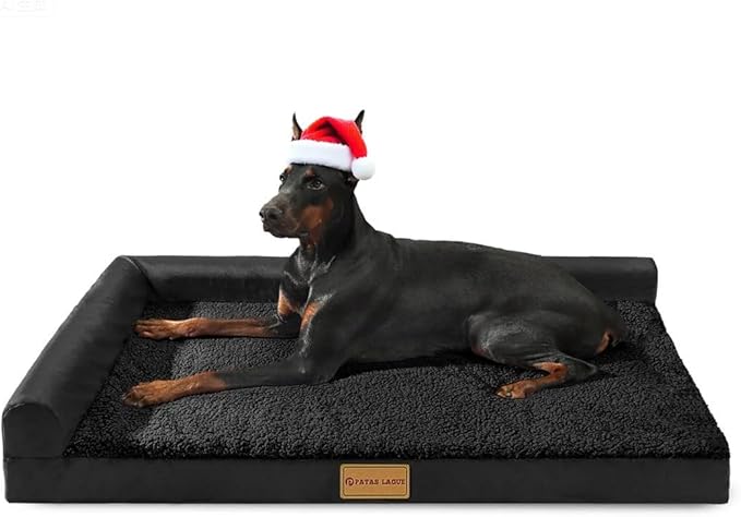 Patas Lague Orthopedic XL Dog Bed Large Sized Dog 42''X28'', Waterproof L Bolster Big Pet Sofa Beds with Removable Washable Cover, Soft Comfortable Pet Couch Crate Mat with Nonskid Bottom, Black