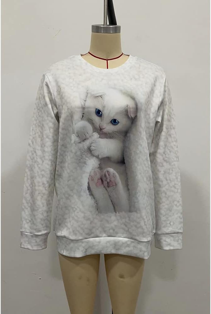 Womens Cute Cat Print Sweatshirts Long Sleeve Lightweight Crew Neck Shirts Casual Trendy Tops Spring