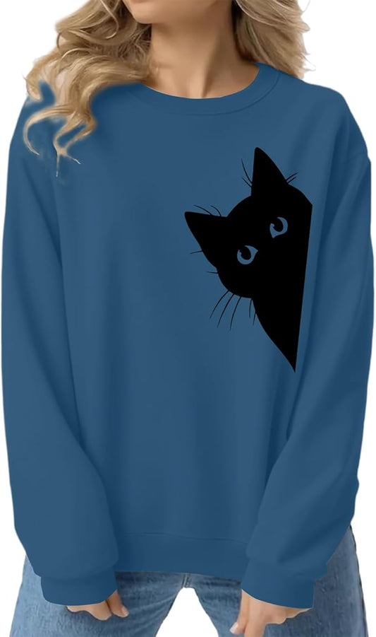 Cat Sweatshirts for Women Graphic Print Sweatshirt Funny Long Sleeve Shirt Cute Pullover Lightweight Hoodie Tops