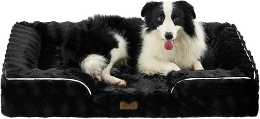 Orthopedic Dog Bed for Large Size Dog, Faux Fur Extra Large Pet Sofa, Foam Bolster Couch with Waterproof Lining Cover, Anti-Slip, Soft, Warm, Washable, C-Shaped, XL 44x32x7 inch, Black