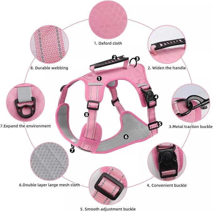 Dog Harness No Pull Adjustable Reflective,for Medium and Large Small Dog with Leash 59.06in (Pink, L)