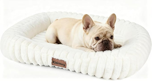 Cute Washable Dog Bed for Small Medium Dogs, Orthopedic Plush Rectangle Anti-Anxiety Dog Bed, Medium Calming Bolster Puppy Bed with Durable Removable Zipper Cover&Anti-Silp Bottom, 30in, Cream