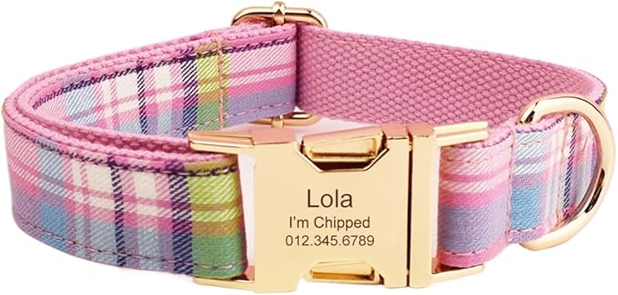 Custom Dog Collar with Names and Phone Number Engraved, Puppy Tags Personalized for Small Medium Large Pets (Colorful Plaid, L)