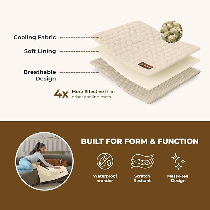 Pelsbarn Dog Cooling Mat- Ice Silk Summer Comfort, Self Cooling, Non-Slip Dog Pad, Durable & Washable, Mat for Medium Dogs 19" x 25", Support Shelter Dogs with Every Purchase (Beige)