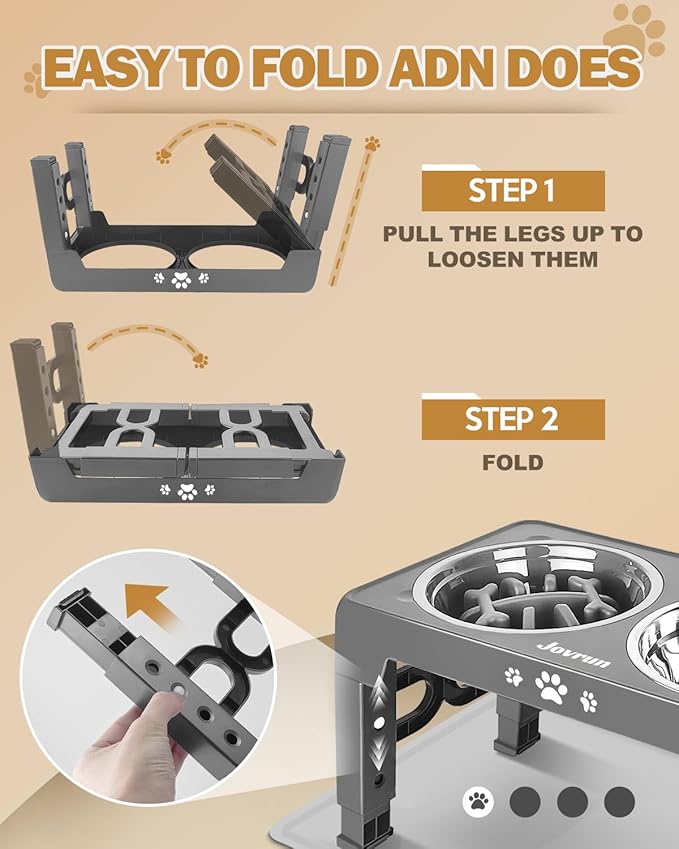 Elevated Dog Bowls, Dog Feeder with Stainless Steel Dishes & Slow Feeder Bowl, 5 Heights Adjustable Raised Stand for Medium Large, Food Dishes with Non-Slip Feet