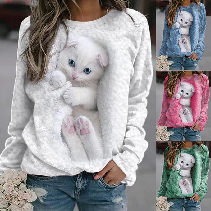 Womens Cute Cat Print Sweatshirts Long Sleeve Lightweight Crew Neck Shirts Casual Trendy Tops Spring