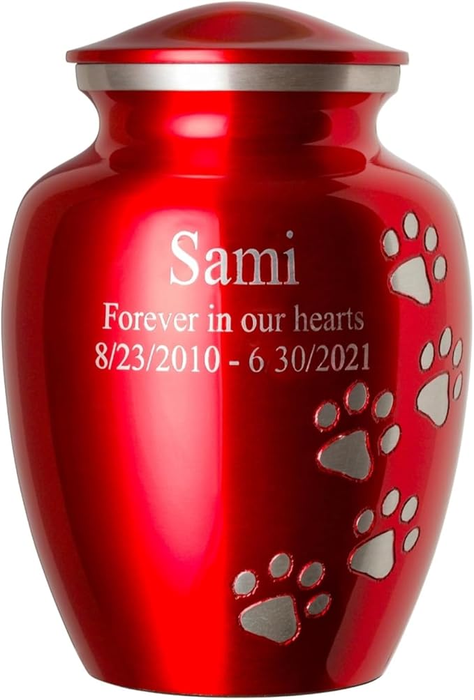 Pet Urn for Dogs and Cats with Personalized Laser Engraving, Ottillie Paws Premier Series Memorial Urns (Medium Ruby Red with Vertical Pewter Paws)
