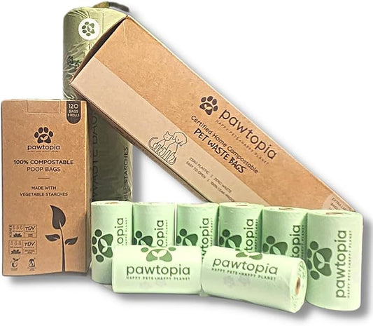 Pawtopia Pet Waste Bag Duo - 120 Standard Sized-Dog Poop Bags (8 rolls) + 100 Extra Large Cat Litter Bag with Handles (1 single roll), Vegetable Starches, Tuv Austria, Leak-Proof, Yard Pickup