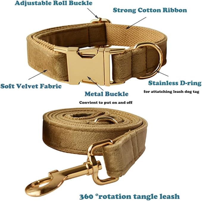Love Dream Velvet Dog Collar and Leash Set, Soft & Comfy Adjustable Dog Leash and Collar with Heavy Duty Metal Buckle for Small Medium Large Dogs Training & Walking (XLarge, Khaki)