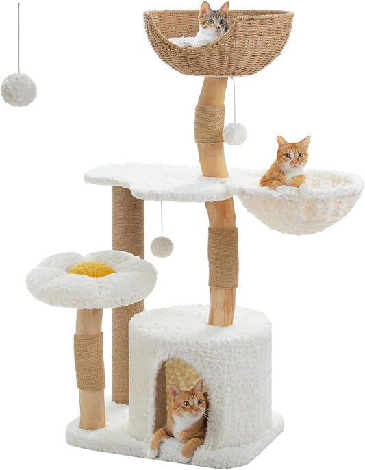 PETEPELA Modern Cat Tree Tower for Indoor Large Cats w/Removable Flower Perch, Real Solid Wood Cat Scratching Posts, Boho Ratten Cat Furniture w/Cozy Condo & Wicker Basket Bed, White