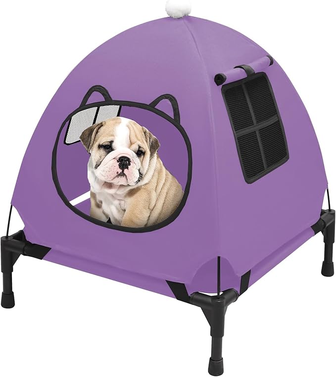 Pozico Elevated Pet Bed with Breathable Mesh for Small Cat and Dog, Raised Cooling Pet Cot for Puppy and Kitty, 18.9x18.9 inch (Purple Bed with Canopy)